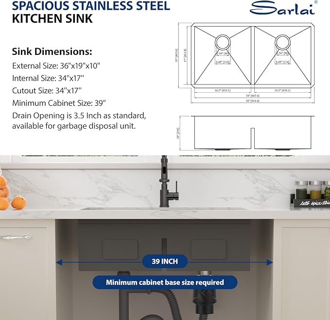 Sarlai 36 Inch Undermount Kitchen Sink Double Bowl Low Divided Large Workstation Gunmetal Black Sink Stainless Steel 16 Gauge 50/50 Sinks Double Basin