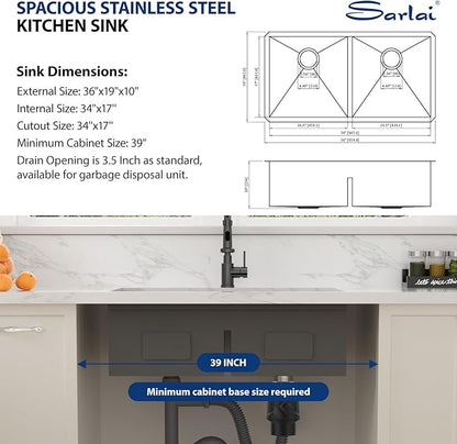 Sarlai 36 Inch Undermount Kitchen Sink Double Bowl Low Divided Large Workstation Gunmetal Black Sink Stainless Steel 16 Gauge 50/50 Sinks Double Basin