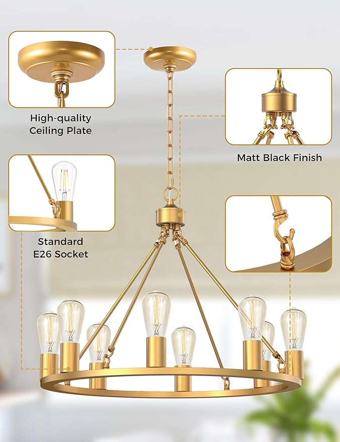 L LOHAS LED Gold Farmhouse Chandeliers for Dining Room, 8-Light Wagon Wheel Chandelier Over Table, Height Adjustable, 24" Dining Room Light Fixtures, Modern Chandelier for Kitchen Island Living Room