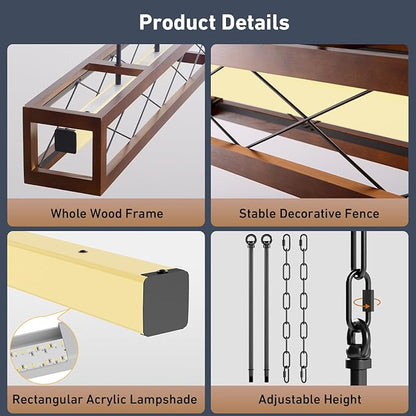 39.4" Farmhouse Dining Room Light Fixture Over Table, Rustic Wood Linear Chandeliers for Dining Room, 34W LED Dimmable Kitchen Island Lighting, Hanging Rectangular Pendant Light with Remote