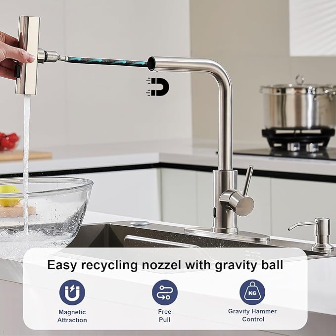 AVSIILE Brushed Nickel Touchless Kitchen Faucets with Pull Down Sprayer & Soap Dispenser, Single Hole & Handle, Pull Out Tap, Waterfall Stainless Steel Sink Faucet for Farmhouse Camper Laundry Rv Bar