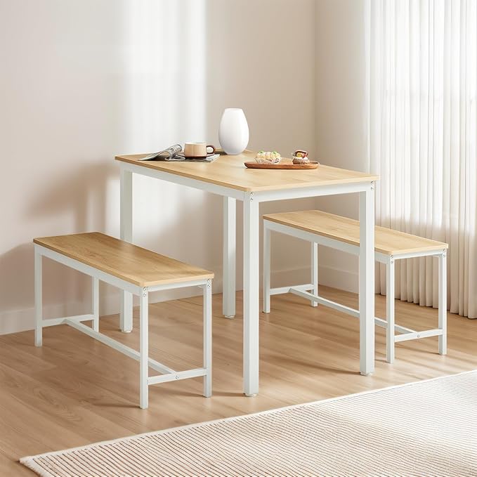 Dining Table Set for 4, Small Kitchen Set with 2 Benches, Kitchen Table with Metal Frame and Adjustable Feet, 3-Piece Dining Room Set for Breakfast Nook and Small Space, White