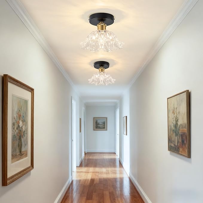 1-Light Vintage Semi Flush Mount Ceiling Light, Black and Gold Glass Shade Close to Ceiling Light Fixture, E26 Base Retro Lighting for Hallway Entryway Kitchen Bedroom