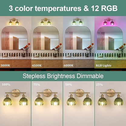 Shenmoyl Battery Operated Bathroom Light Fixtures, 2-Light Brass Vanity wall Light with 5000mAh Rechargeable Bulb Over Mirror with Green Tulip Glass Shade for Bedroom Living Room