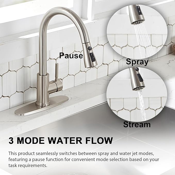 VAPSINT Kitchen Faucet, Brushed Nickel Kitchen Faucet with Pull Down Sprayer, High Arc Single Handle Commercial Stainless Steel Kitchen Sink Faucet 1 or 3 Hole for Farmhouse, RV, Laundry & Bar