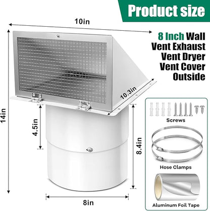 8 Inch Wall Vent Cover with Hood for Kitchen Range Hood Dryer Duct, White