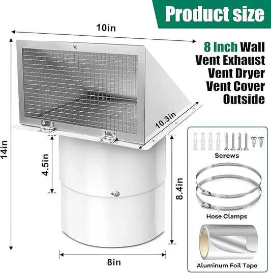 8 Inch Wall Vent Cover with Hood for Kitchen Range Hood Dryer Duct, White