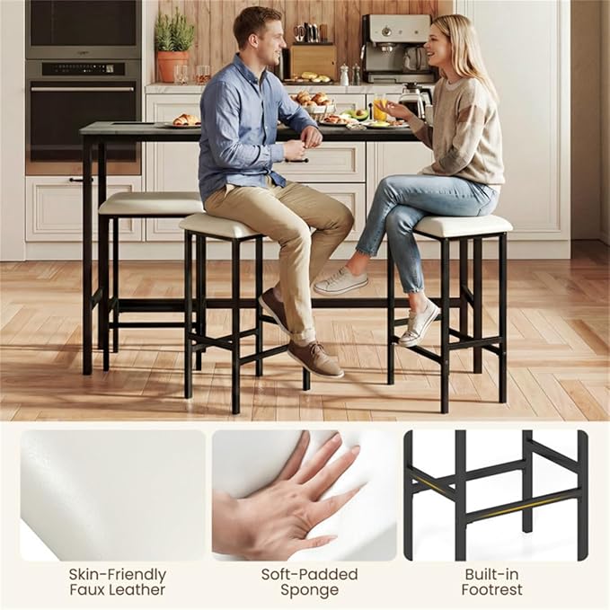 4 Piece Bar Table Set, Counter Height Pub Table with 3 Stools and USB Ports, Kitchen Dining Set for Apartment, Gray Pub Table with 3 Stools, Kitchen Island Tables, Pub Tables Counter Height Stool Set