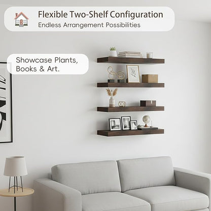Lufia Floating Wall Shelves, Set of 4, MDF with Invisible Brackets, Modern Storage for Bedroom, Bathroom, Living Room, Kitchen (Rustic Brown, 15.8" W x 5.5" D x 1.2" H)