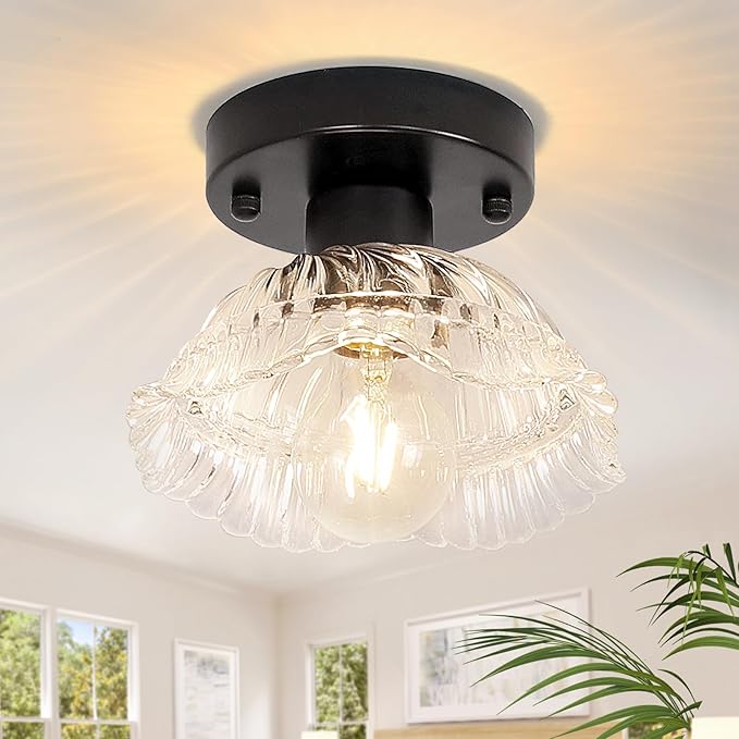 Shenmoyl Semi Flush Mount Vintage Lights Fixture, Black Hallway Kitchen Bedroom Ceiling Light with Clear Glass, 4.72" Base Modern Fixtures for Bathroom, Porch