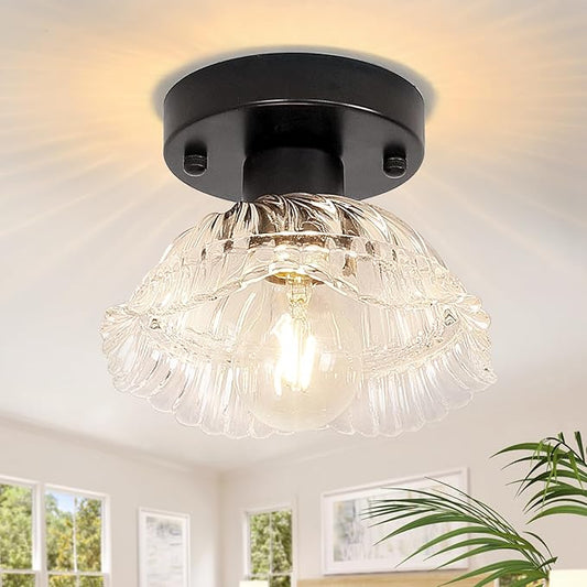 Shenmoyl Semi Flush Mount Vintage Lights Fixture, Black Hallway Kitchen Bedroom Ceiling Light with Clear Glass, 4.72" Base Modern Fixtures for Bathroom, Porch