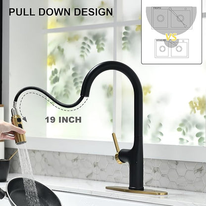 Kitchen Faucets, Black and Gold Kitchen Faucet with Pull Down Sprayer, High Arc Stainless Steel Kitchen Sink Faucet, Modern Brass Kitchen Faucet 1 or 3 Hole, Brushed Gold/Matte Black
