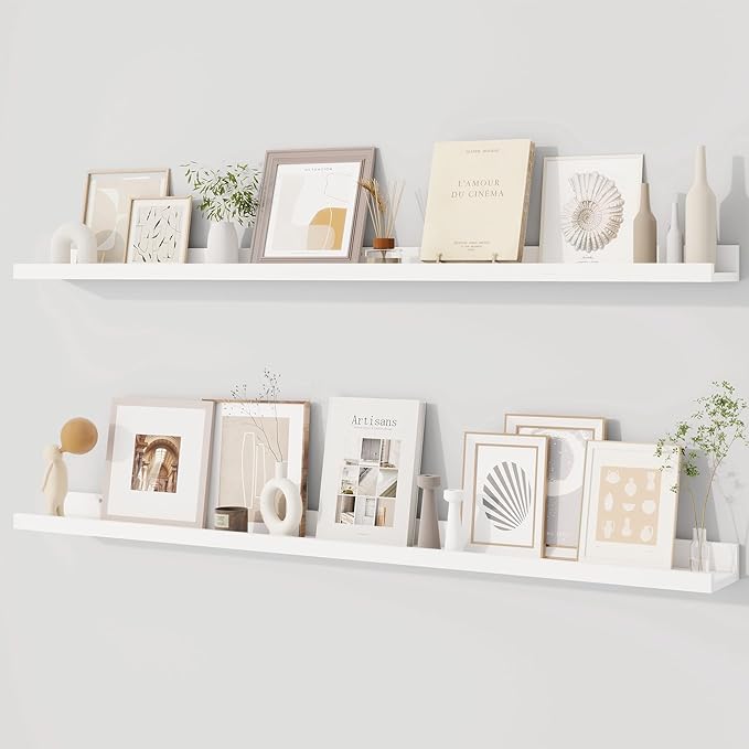 Dreamland Picture Ledge Shelf for Wall, Floating Shelves Set of 2, 48 Inch Long Floating Shelves with Lip for Living Room, Bedroom, Bathroom, Kitchen, White