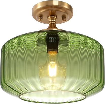 Green Semi Flush Mount Ceiling Light Fixture Vintage Antique Brass Flush Mount Overhead Light Glass Gold Chandelier for Farmhouse Closet Entryway Bathroom