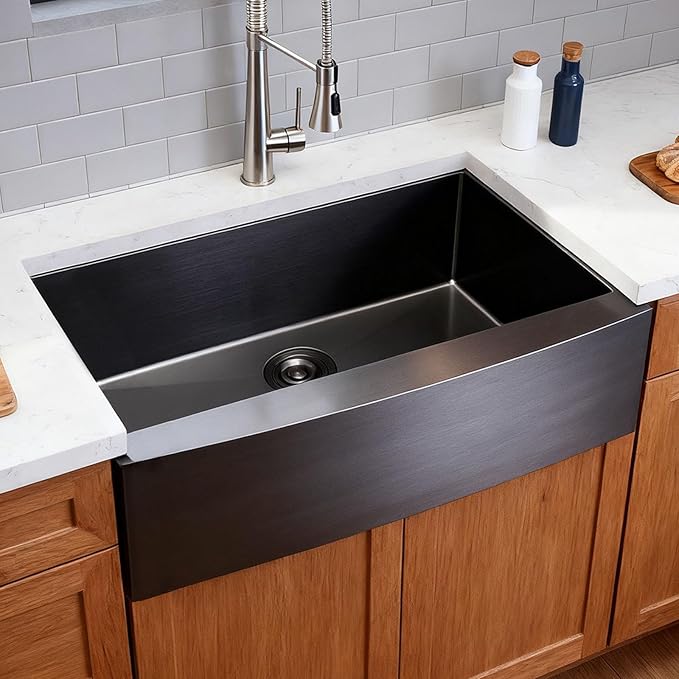 SHACO 33 Inch Black Farmhouse Sink, 33x21 Gunmetal Black 16 Gauge Stainless Steel Apron Front Sink, 9 Inch Deep Single Bowl Kitchen Sink