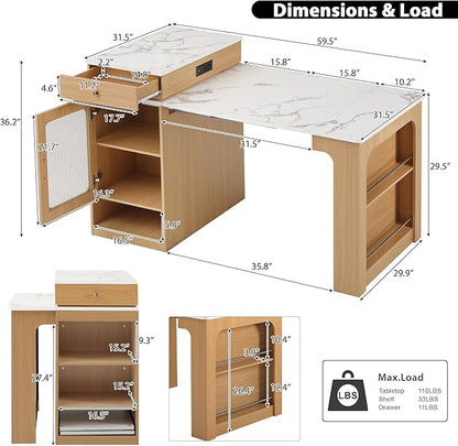 Domesto 59.5" Kitchen Island with Extendable Dining Table,Kitchen Storage Table with Double-Sided Storage, Kitchens Island with 2 Drawers, Power Outlet, Side Open Shelves (Naturl)