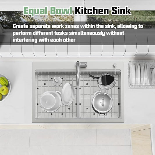 50/50 Double Bowl Kitchen Workstation Sink, 33"x22" Stainless Steel Drop In Kitchen Sink Easy To Multitasking With Cutting Board,Drying Rack,Silicon Mat,Stainless Grid And Drain Assembly