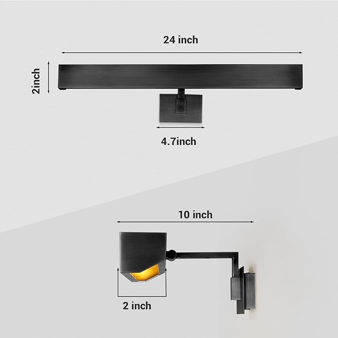 Hardwired Picture Lights for Wall 24in, Matte Black Bathroom Vanity Sconce over Mirror, Vintage Industrial Gooseneck Barn Light, Classic Art Lighting for Painting, Poster, Frame (Bulb Included)