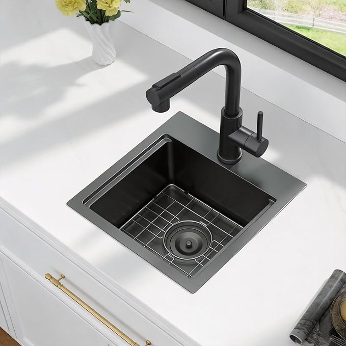 Kichae Black Drop In Bar Sink- 15x15 Small Overmount Topmount Stainless Steel Single Bowl Ledge Workstation Bar Prep Handmade Basin