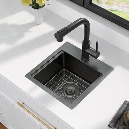 Kichae Black Drop In Bar Sink- 15x15 Small Overmount Topmount Stainless Steel Single Bowl Ledge Workstation Bar Prep Handmade Basin