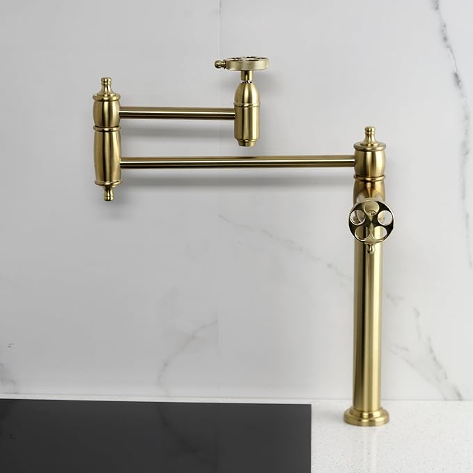 Kingston Brass KS3707RKZ Wendell Two-Handle 1-Hole Deck Mount Pot Filler Faucet with Knurled Handle in Brushed Brass