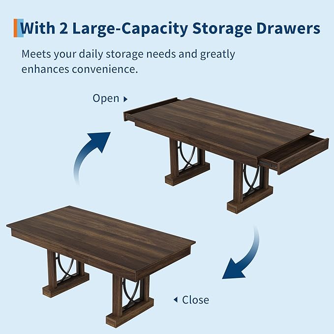 Garvee 71-Inch Dining Table for 6-8 with 2 Drawers, Large Dining Table with Sturdy Frame & Double Pedesta, 6 ft Wood Rectangular Dining Room Table w/Large Tabletop, for Kitchen, Dinner, Walnut
