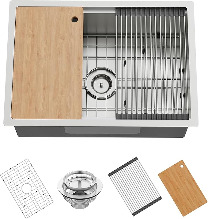 Kitchen Sink Workstation,27"x19" Stainless Steel Undermount Single Bowl Sink Built-in Ledge Drop In Workstation Sink Design For Placing/Sliding Accessories-Cutting Board And Drying Rack