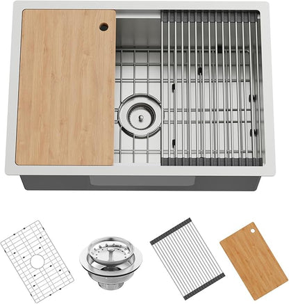 Kitchen Sink Workstation,27"x19" Stainless Steel Undermount Single Bowl Sink Built-in Ledge Drop In Workstation Sink Design For Placing/Sliding Accessories-Cutting Board And Drying Rack