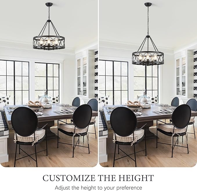 5-Light Farmhouse Chandelier for Dining Room Light Fixture,Modern Rustic Round Black Chandelier Over Table with Hanging Kitchen Drum Light Fixtures for Living Room Bedroom Entryway Foyer