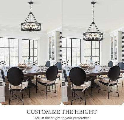 5-Light Farmhouse Chandelier for Dining Room Light Fixture,Modern Rustic Round Black Chandelier Over Table with Hanging Kitchen Drum Light Fixtures for Living Room Bedroom Entryway Foyer