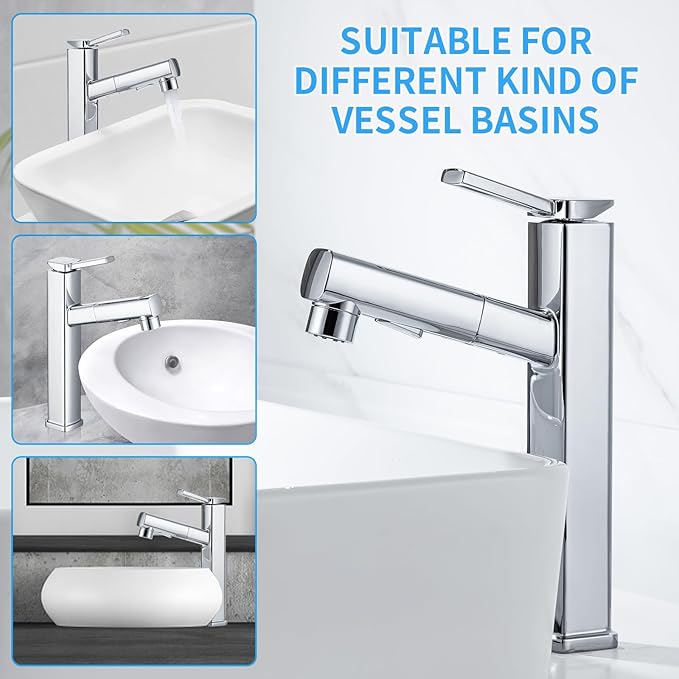 HANLIAN Single Hole Bathroom Pull Out Faucet with Rotating Spout, One Handle Faucet for Bathroom Sink, Modern Bathroom Faucet with Pull Down Sprayer, 3 Modes Vanity Faucets (Tall, Chrome)