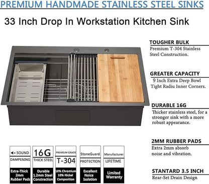 SHACO 33x22 Black Drop In Kitchen Sink, 33 Inch Topmount Gunmetal Black Stainless Steel Single Bowl Overmount Double Ledges Workstation Sink with Accessories