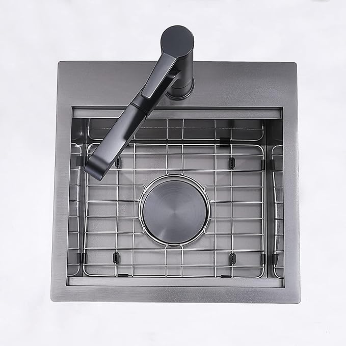 IKEBANA 15x15 Inch Black Drop In Bar Sink Workstation, 16 Gauge Stainless Steel Top Mount Single Bowl Handmade Gunmetal Black Wet Bar Sink for Outdoor Prep RV Laundry with Grid & Cutting Board