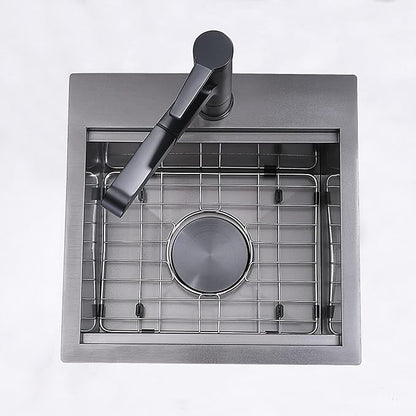 IKEBANA 15x15 Inch Black Drop In Bar Sink Workstation, 16 Gauge Stainless Steel Top Mount Single Bowl Handmade Gunmetal Black Wet Bar Sink for Outdoor Prep RV Laundry with Grid & Cutting Board