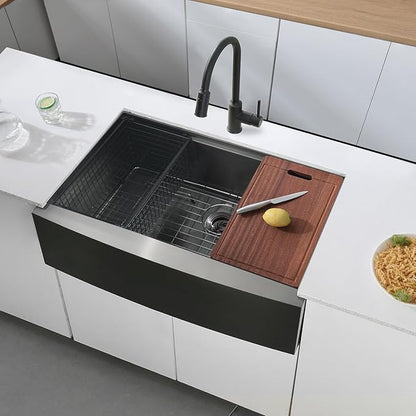 33 Black Farmhouse Sink Unsermount, Dorzom 33x22x10 Inches Farmhouse Kitchen Sink Black Stainless Steel Apron Front Sink with Workstation Ledge Under Mount 16 Gauge Single Bowl Kitchen Sink