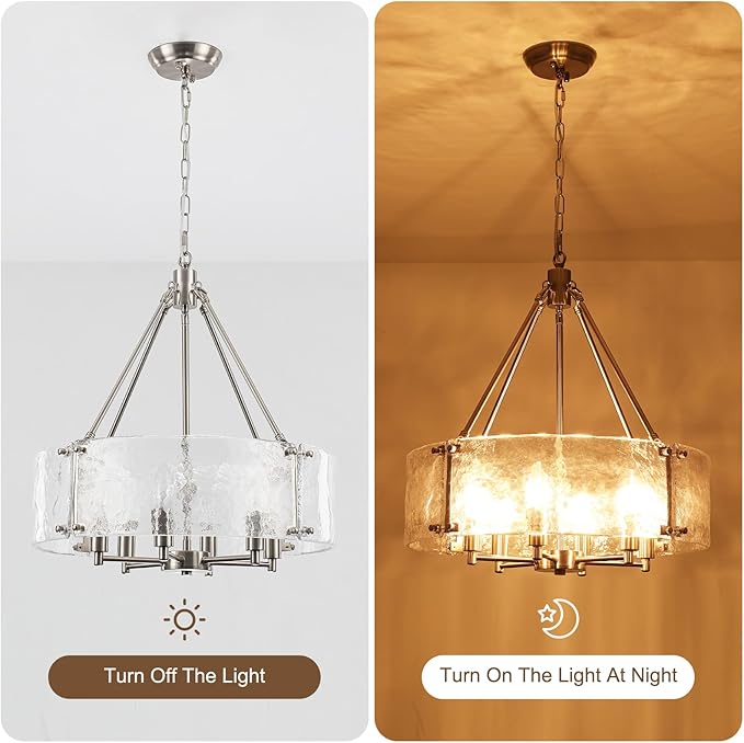 Modern Brushed Nickel Glass Chandelier for Dining Room,19.69 inch Textured Crystal Drum Farmhouse Chandelier Light Fixture for Dining Room Kitchen Island Living Room Bedroom Foyer
