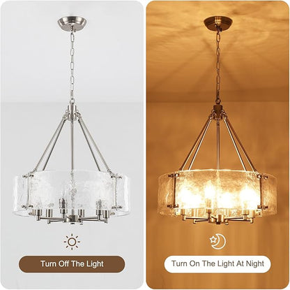 Modern Brushed Nickel Glass Chandelier for Dining Room,19.69 inch Textured Crystal Drum Farmhouse Chandelier Light Fixture for Dining Room Kitchen Island Living Room Bedroom Foyer