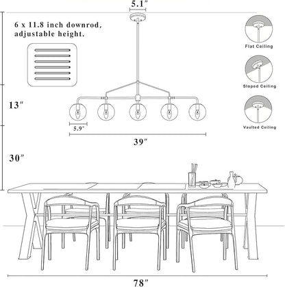 Modern Linear Chandelier Gold 5 Light Dining Room Linear Chandelier with Seeded Glass Globe 39 Inch Kitchen Island Pendant Light Electroplated Copper Finish for Farmhouse Living Room