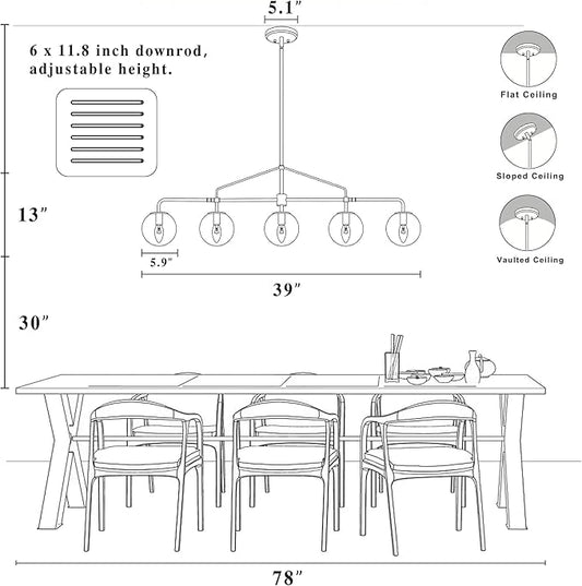 Modern Linear Chandelier Gold 5 Light Dining Room Linear Chandelier with Seeded Glass Globe 39 Inch Kitchen Island Pendant Light Electroplated Copper Finish for Farmhouse Living Room