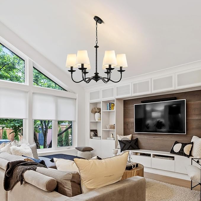 6-Light Black Farmhouse Chandelier, Modern Dining Room Light Fixture with White Fabric Shade，Kitchen Island Pendant Light Fixture for Bedroom Living Room