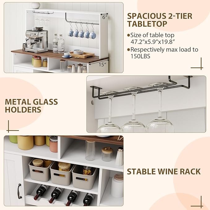 47" Farmhouse Coffee Bar Cabinet with Storage, Buffet Cabinet with Goblet Holder, 5Hooks, Power Outlets, Sideboard Cabinet Coffee Bar Table with Adjustable Shelves for Kitchen & Living Room, White