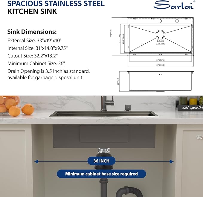 Sarlai 33 Inch Black Drop In Kitchen Sink Workstation - 33x19 Drop In Kitchen Sink Black Stainless Steel Topmount Workstation Sink 16 Gauge Deep Single Bowl Top-mount Kitchen Sink