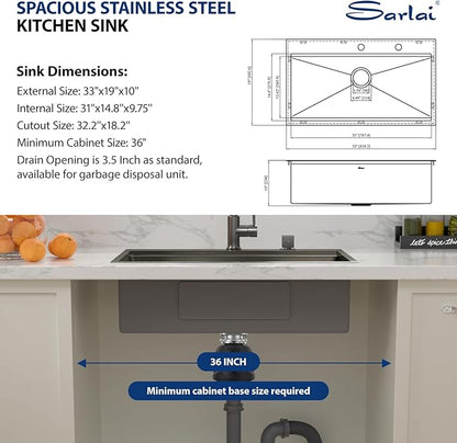 Sarlai 33 Inch Black Drop In Kitchen Sink Workstation - 33x19 Drop In Kitchen Sink Black Stainless Steel Topmount Workstation Sink 16 Gauge Deep Single Bowl Top-mount Kitchen Sink