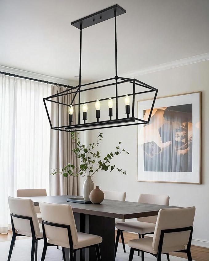 VINLUZ Farmhouse Kitchen Island Light,E12 5-Light Matte Black Finish Rustic Dining Room Chandelier Hanging Pendant Lighting Fixture Ceiling Light for Living Room Foyer Bedroom