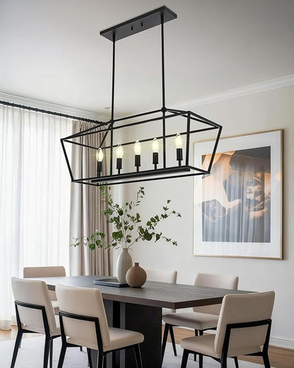 VINLUZ Farmhouse Kitchen Island Light,E12 5-Light Matte Black Finish Rustic Dining Room Chandelier Hanging Pendant Lighting Fixture Ceiling Light for Living Room Foyer Bedroom