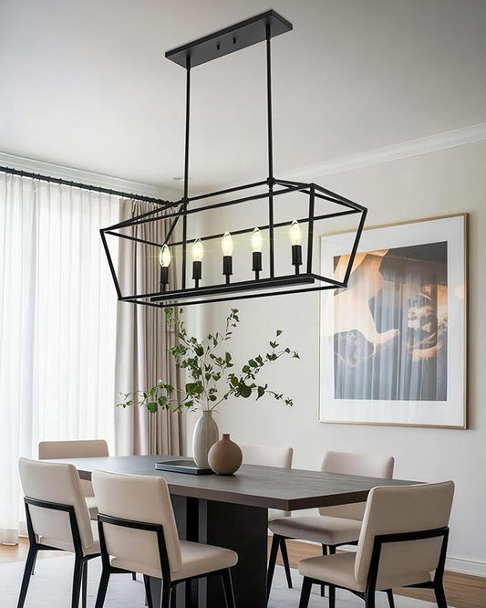 VINLUZ Farmhouse Kitchen Island Light,E12 5-Light Matte Black Finish Rustic Dining Room Chandelier Hanging Pendant Lighting Fixture Ceiling Light for Living Room Foyer Bedroom
