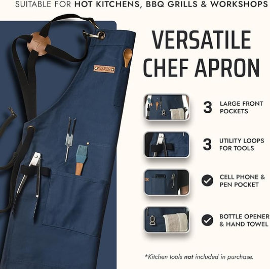 Asaya Chef and BBQ Apron with Bottle Opener and Hand Towel - 10oz Cotton Canvas, Stainless Steel Hardware - Cross Back Straps