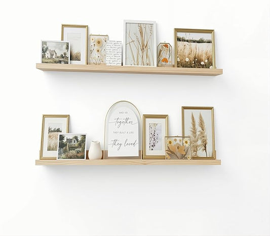 AZSKY Natural Wood Floating Shelves-Wall Mounted Picture Shelf Photo Ledge for Frames & Albums Display-24 Inch Nursery Book Shelf Vinyl Record Shelf for Bedroom, Bathroom, Living Room, Kitchen Decor
