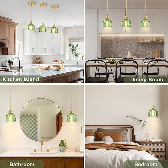 Mini Pendant Lights Kitchen Island 2 Pack, Small Adjustable Pendant Light Fixture with Green Tulip Glass Lampshade, Vintage Gold Pendant Lighting, Pendant Light for Bedroom Dining Room Hallway