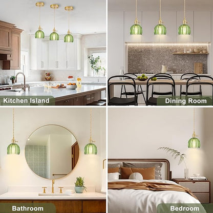 Mini Pendant Lights Kitchen Island 3 Pack, Small Adjustable Pendant Light Fixture with Green Tulip Glass Lampshade, Vintage Gold Pendant Lighting, Pendant Light for Bedroom Dining Room Hallway